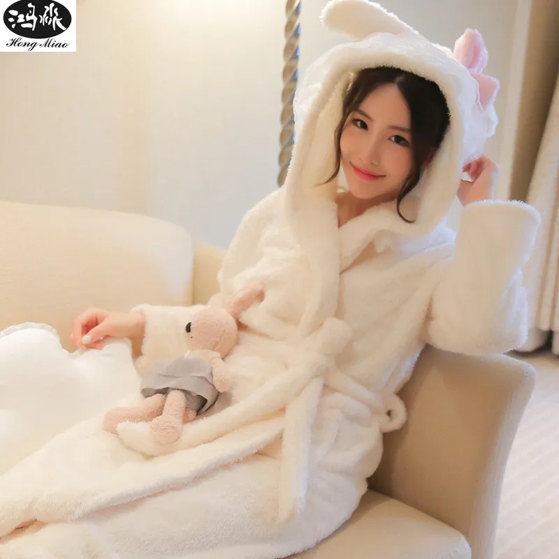 Women Thick Bathrobes 2018 Winter Long Sleeve Hooded Robes Female Sweet