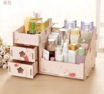 

Jewelry Container Makeup Organizer Case Wooden Storage Box Handmade DIY Assembly Cosmetic Organizer Wood Box Home Decor0418