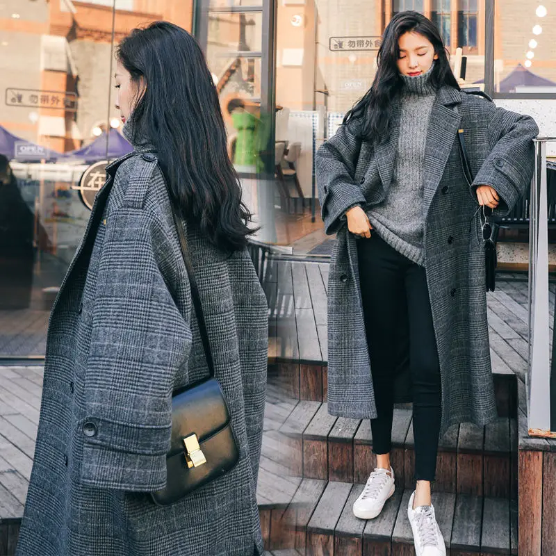 Клетчатое шерстяное пальто для женщин, осеннее пальто, Корейская версия, свободная длинная куртка, зимнее новое шерстяное пальто выше колена