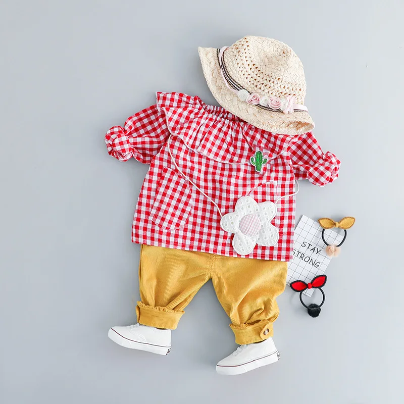 Baby Girl Clothes Long Sleeve Cute Plaid Shirt+Yellow Pants 2pcs Brand Newborn Set Soft Cotton Blend Casual Baby Girl Outfit 24M