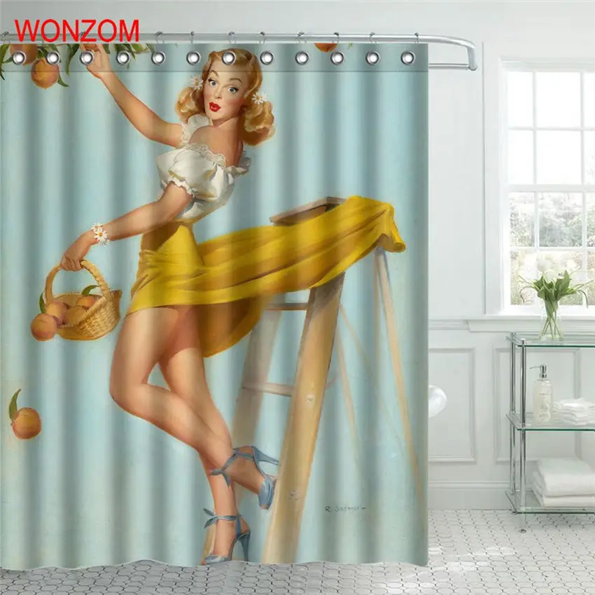 

WONZOM Girl Picking Shower Curtain Fabric Bathroom Decor Decoration Cortina De Bano Polyester Fruit Bath Curtain With Hooks Gift