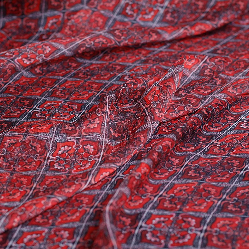 Pearlsilk 5momme красного цвета с цветочным принтом морщинка шифон шелк тутового шелкопряда материалов летнее платье DIY Одежда ткани