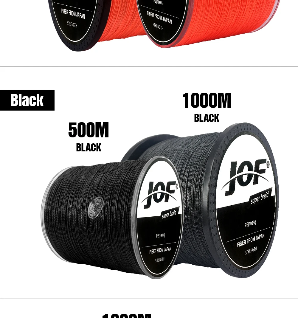 JOF PE плетеная леска, черный многофиламентный рыболовный шнур, 4 нити, 100 м, 150 м, 300 м, 500 м, 1000 м, м