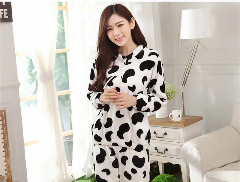 Осенне-зимние женские фланелевые пижамы с принтом коровы, милые теплые пижамы с длинными рукавами, комплект домашней одежды