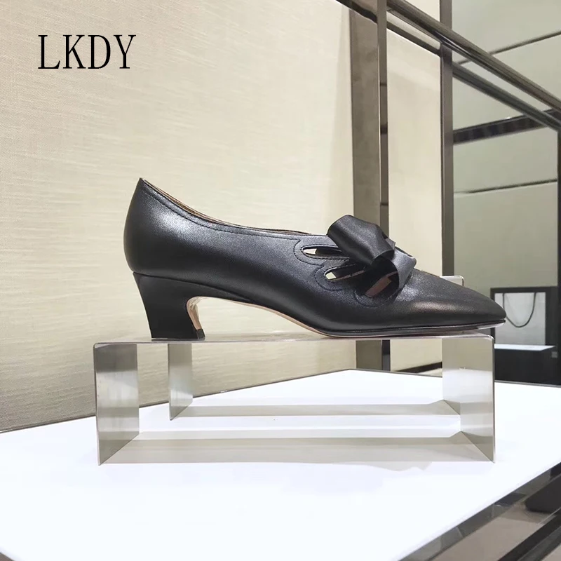 

2019 LKDY women top quality Genuine Leather stitching silk bow high heels pointed hollow women's shoes