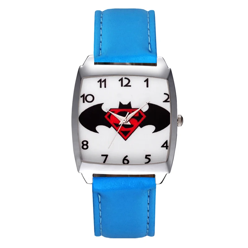 Детские наручные часы с прямоугольным циферблатом и рисунком СУПЕРМЕНА для мальчиков и девочек, кварцевые часы с кожаным ремешком JD10