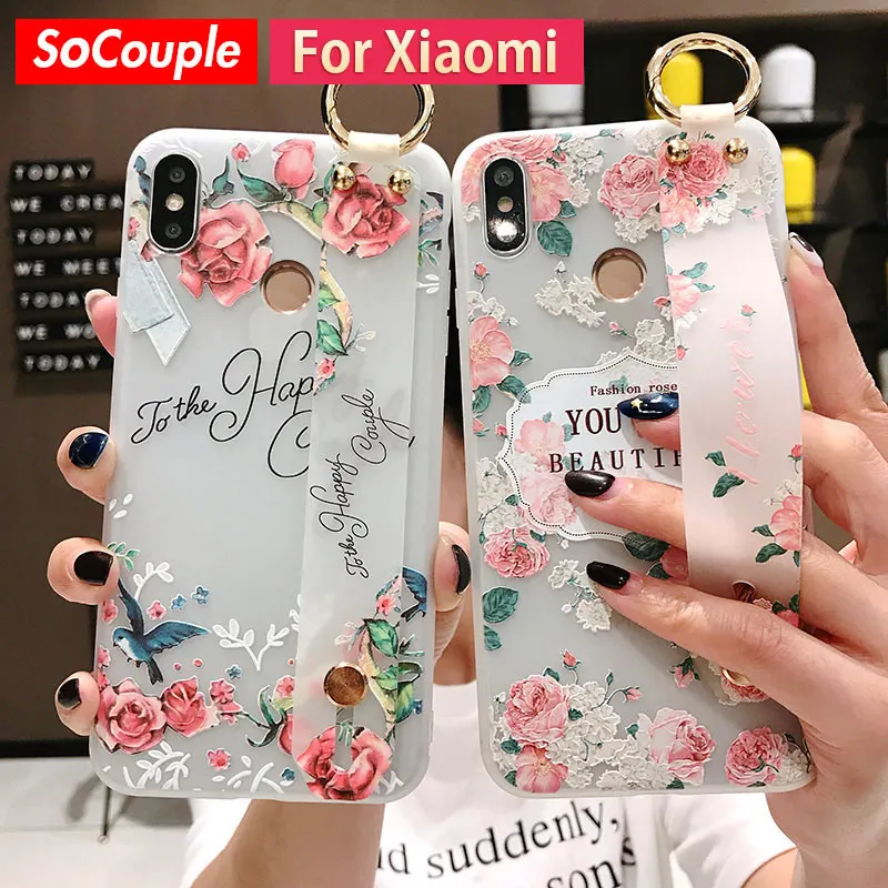 

SoCouple Flower Soft TPU Case For Xiaomi Redmi Note 5 5A 6 7 Pro 8 4X Xiaomi 9 8 5X 6X A3 Lite K20 Wrist Strap Phone Holder Case