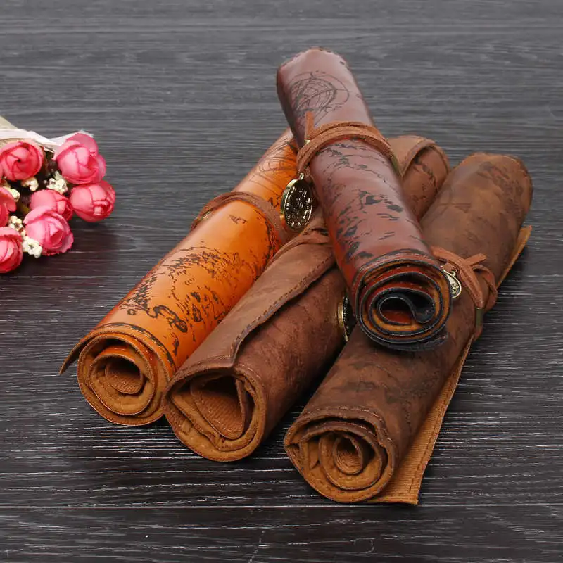 

Kicute Vintage Pencil Cases Pirate Treasure Map Roll Up Pu Leather Pen Bags Kid Party Gift Favor Make Up Cosmetic Retro Bag