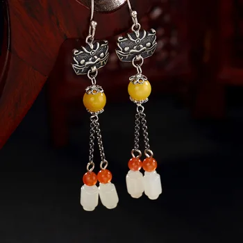 L&P Genuine 925 Sterling Silver Retro Jade & Amber Beeswax Long Earrings Elegant Engagement Jewelry For Women Gifts L&P Genuine 925 Sterling Silver Retro Jade & Amber Beeswax Long Earrings Elegant Engagement Jewelry For Women Gifts