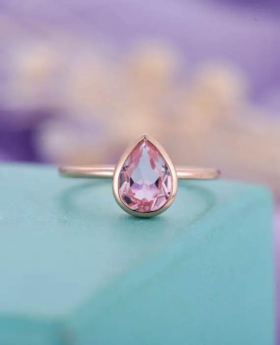 

MYRAY Lab Created Pink Sapphire Engagement Ring 14k Rose Gold Pear Shaped Cut Wedding Ring Bridal Women Anniversary Gift Simple