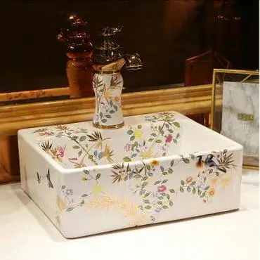 

Artistic Bird and Golden Leaves Washbasin Handmade Artistic Ceramic Countertop Bathroom Sink