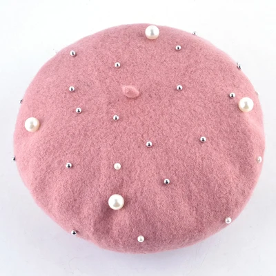 TQMSMY Зимние береты для женщин из шерстяной ткани, плоские шапки с жемчужинками для девочек, Повседневная однотонная бейсболка gorro кепки - Цвет: Pink 2