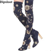 Dipsloot/ г.; Модные женские замшевые сапоги до бедра с вышивкой; шикарные женские ботфорты на высоком квадратном каблуке, на молнии