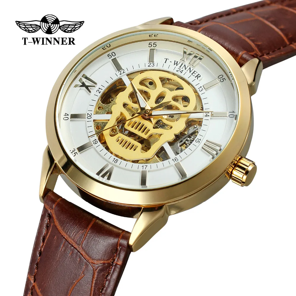 

2019 Fashion T-WINNER Men's Watch Skeleton Skull Automatic Antique Genuine Leather Strap Hot Sale Relojes Transparent Wristwatch