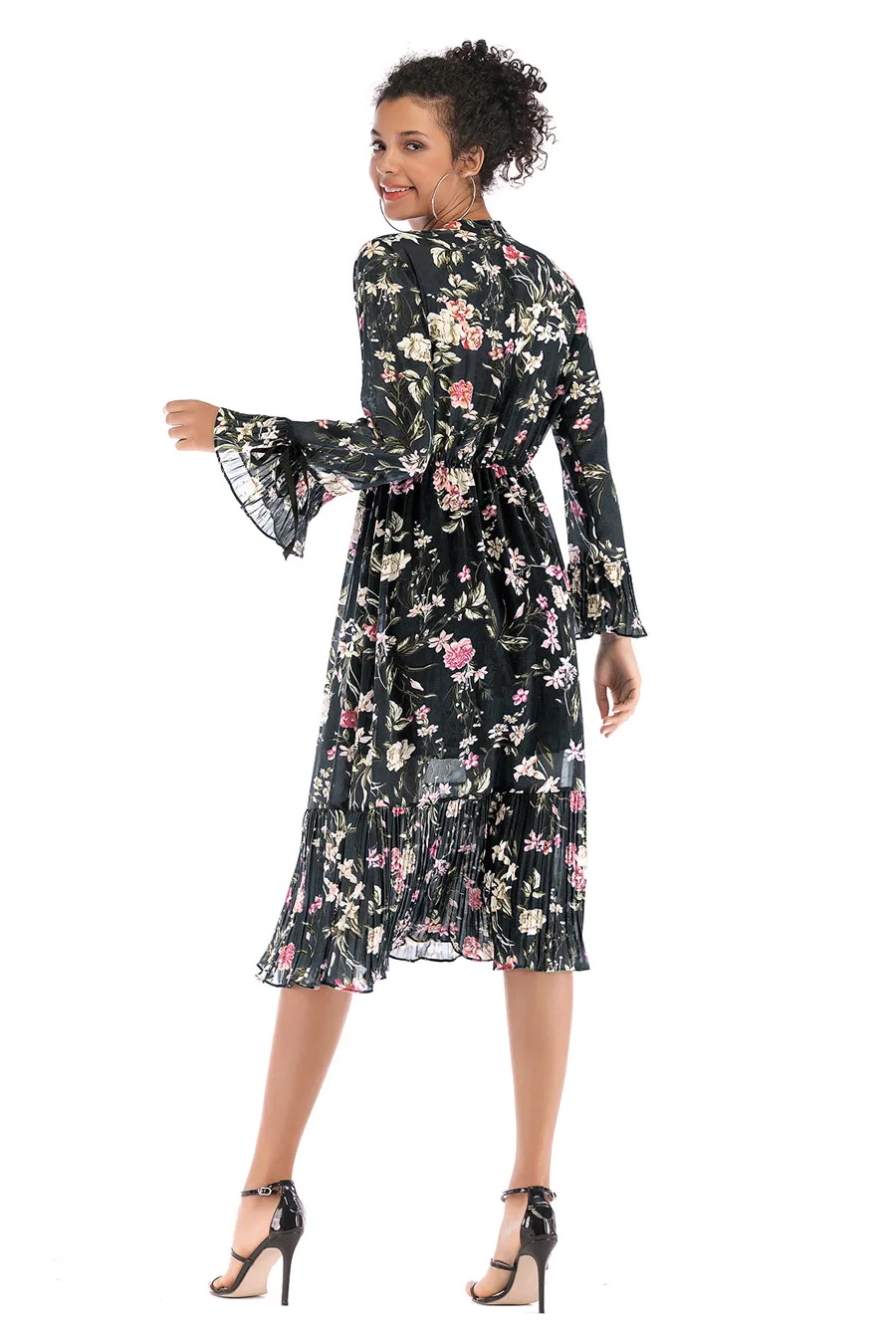 Gladiolus Floral Print Spring Autumn Women Dress 2019 O-Neck Lace Up Flare Sleeve Tunic Chiffon Dress Women Midi Party Dresses (13)