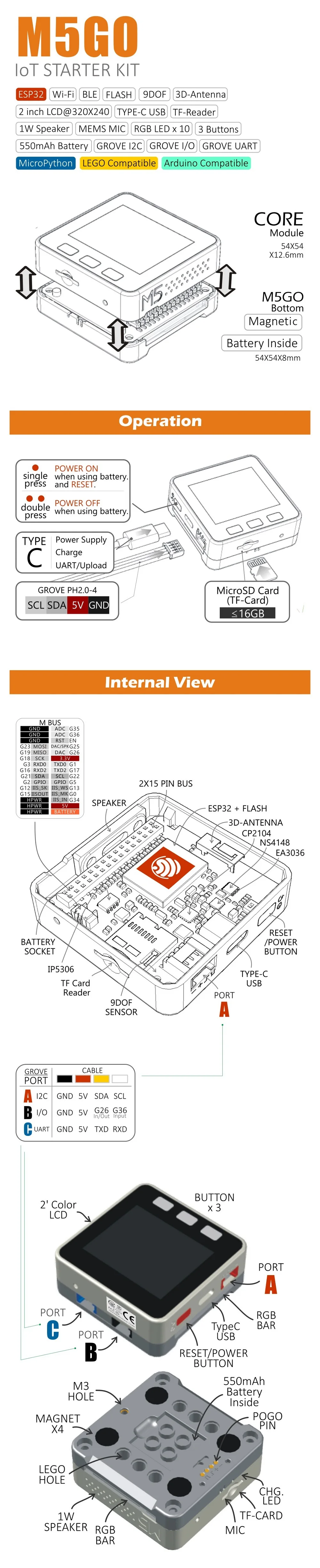 M5GO IoT стартовый комплект ESP32 для Arduino/микропитона Программирование разработки ИК микрофон 550 мАч батарея M5Stack ZK5