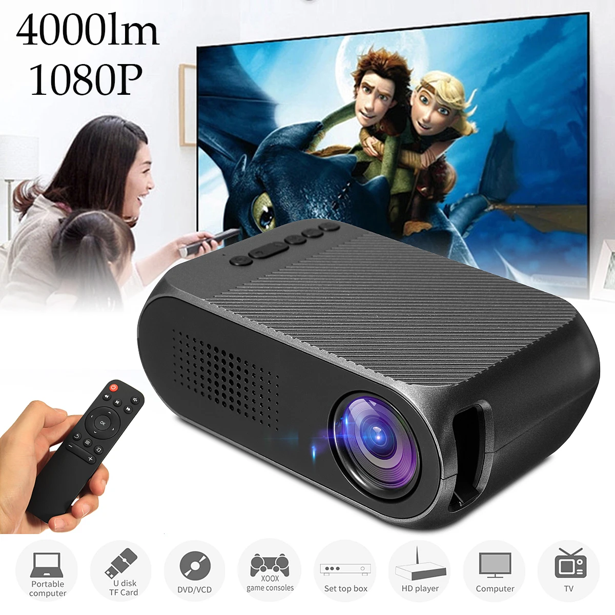 YG320 1080P Mini Portable LED Projector 4000 Lumens 23 Languages Home Theater Can read U disk TF card AV connection DVD box YG320 1080P Mini Portable LED Projector 4000 Lumens 23 Languages Home Theater Can read U disk TF card AV connection DVD box