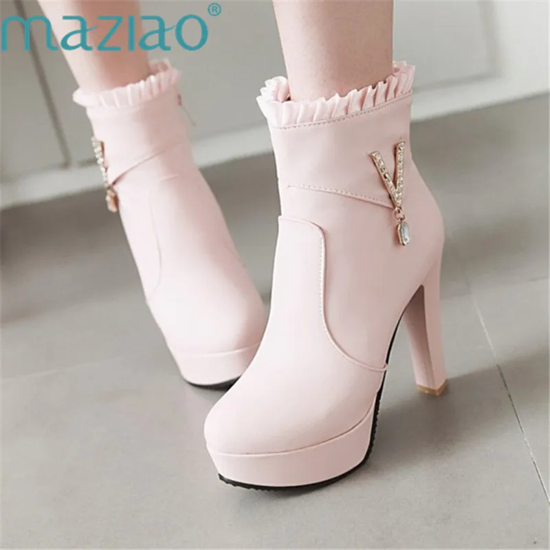 

New Fashion Sexy Women's Ankle Boots Side Zipper High Heels Sweet Platform Women Round Toe Rhinestone Boots MAZIAO