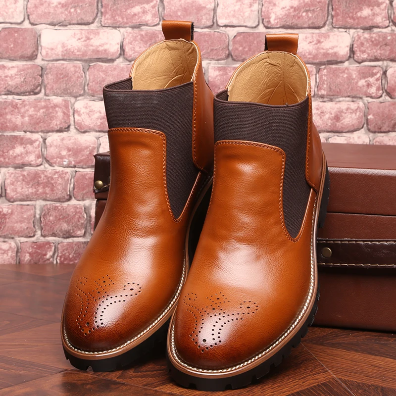 Осенняя мужская обувь с высоким берцем; Ботинки Челси с меховой подкладкой; большие размеры; Рабочая обувь в стиле ретро; мужские деловые кожаные ботильоны; Hombre