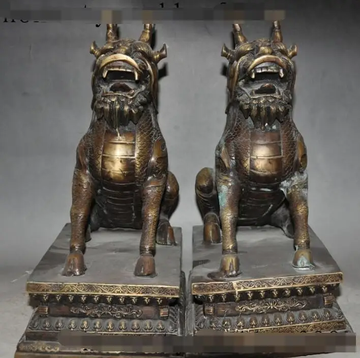 

S4601 15"chinese fengshui bronze foo dog Kirin Unicorn Kylin pixiu beast statue pair