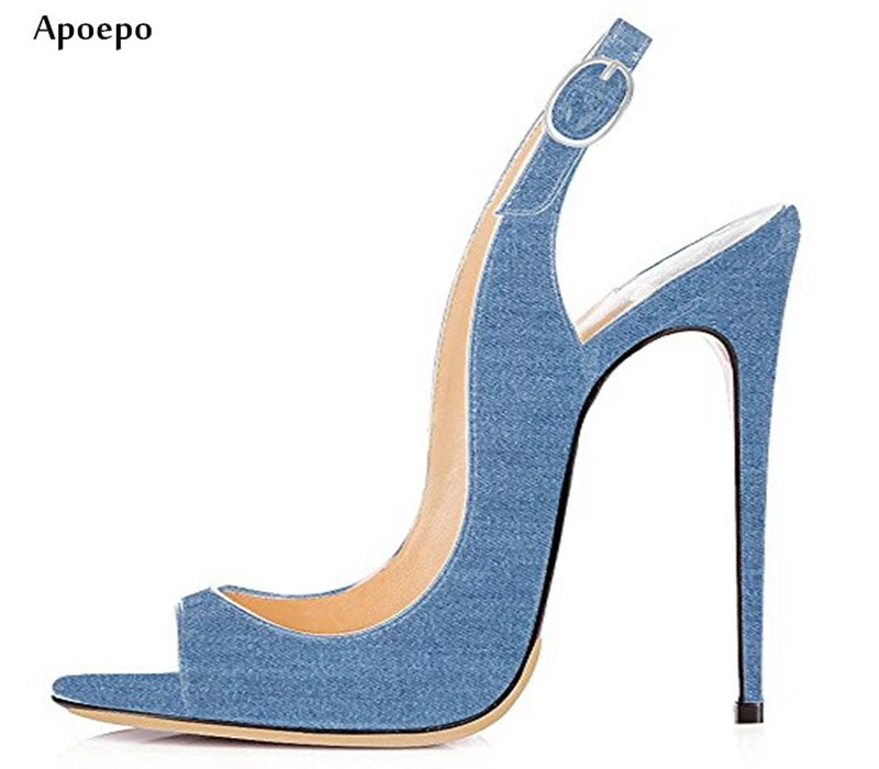 

New Summer Newest High Heel Sandal 2018 Sexy Denim Blue Thin Heels Shoes Open Toe Cutouts Gladiator Sandal Jeans Shoes