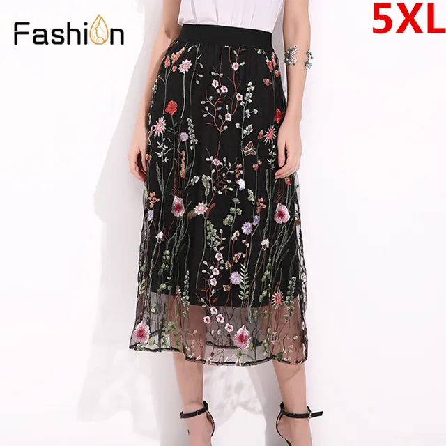 S-5XL 2018 Flower Emboridery Long Mesh Skirts Women High Waist Long Lace Mesh Skirt Lady Spring Summer Elastic Skirt Plus Size