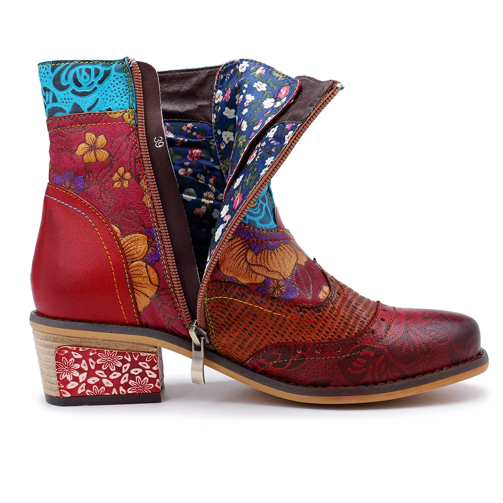 Johnature; Новинка года; женские ботильоны из натуральной кожи в винтажном стиле; женская обувь на шнуровке; сезон весна-осень; женские ботинки с цветочным узором