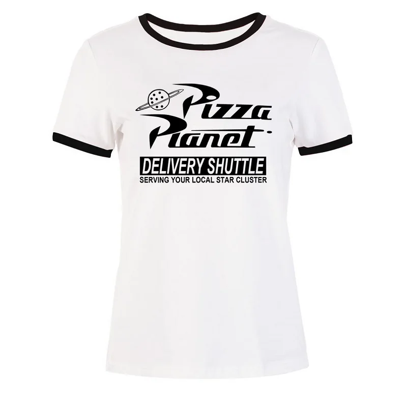 Pizza planet с коротким рукавом Футболка с отстрочкой Большие размеры S-2XL с буквенным принтом с рисунками героев мультфильма модные повседневные топы, футболки, футболка с короткими рукавами
