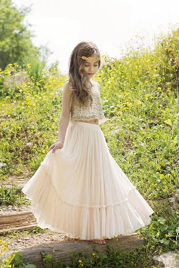 Champagne Tulle Gold Top Sequins Boho-chic Flower Girl Dress Junior Dress Girls Pageant Gown Custom Any Size