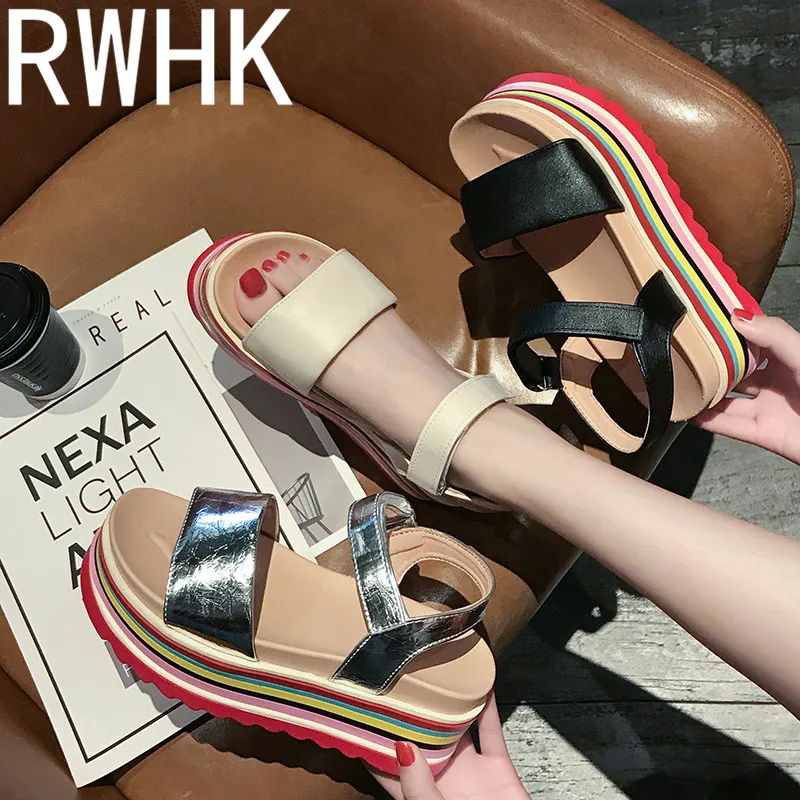 

RWHK Sandals female 2019 summer new Korean version of the wild color matching muffin bottom beach shoes Roman shoes B253