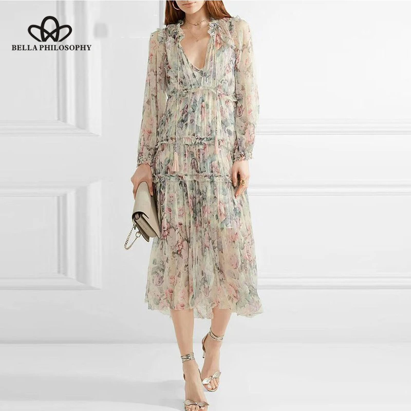 Vintage Print  Dress High Waist V Neck Long Sleeve Ruffle Asymmetrical Women
