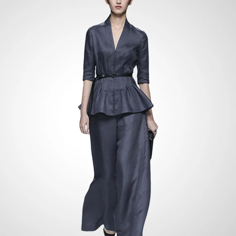 

2018 New Arrival Spring Fashion Slim Two Piece Sets Women V-Neck Half Sleeve Blouse And Wide Leg Pants T1805120-1