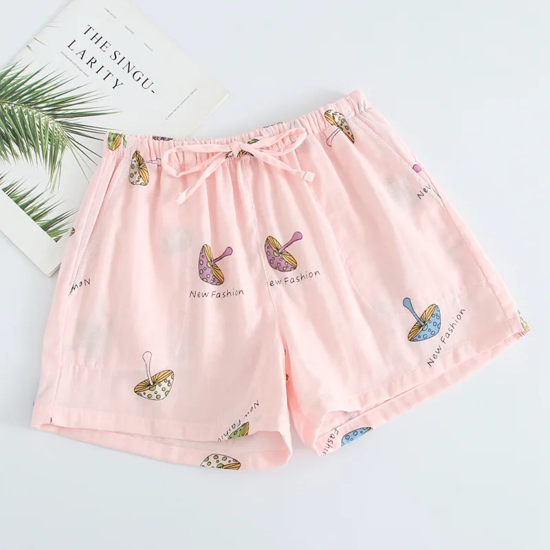 Летние женские шорты для сна, хлопковые марлевые пижамы, штаны с принтом, штаны для сна, одежда для сна, женская одежда для отдыха, одежда для сна - Цвет: Pink mushroom