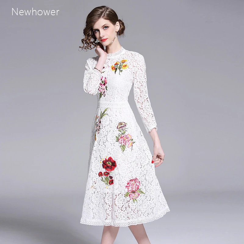 

New fashionable style High-end Woman's Lace Dress Hollow-out and Flower-dissolving Heavy Embroidery 3D Button-wrapped and slim