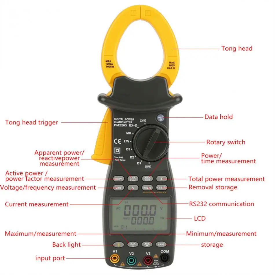 PEAKMETER MS2203 клещи 3-фазный цифровой мультиметр Мощность фактор вольтметр зажим для амперметра метр набор