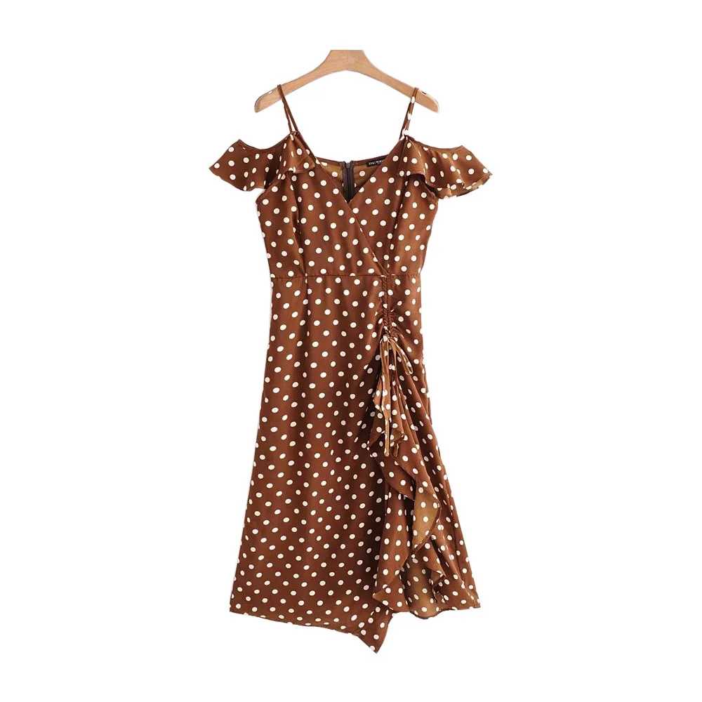 

JOYINPARTY Women 2018 Summer Brown Polka Dots Dress Vintage Ruffles Midi Dress Beach Style Dresses Sundresses Vestidos