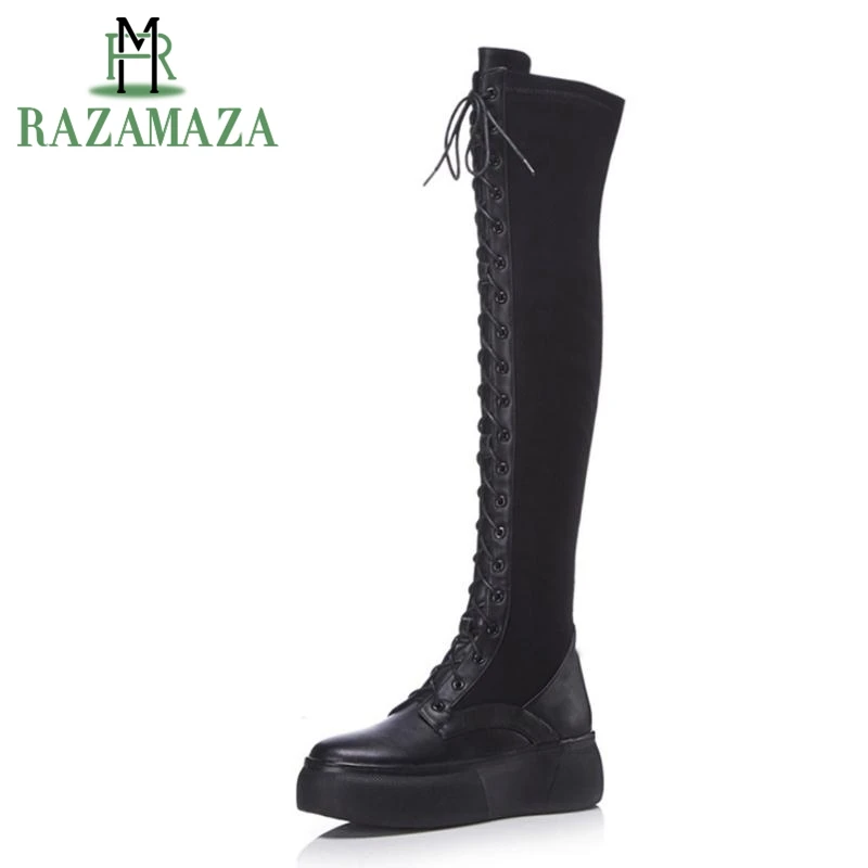 

ZALAVOR Women Winter Boots Real Leather Ladies Shoes Thick Sloe Thigh High Boots Women Fashion Sexy Long Boots Size 34-39