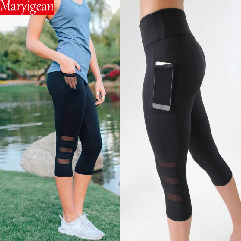 Maryigean Women Legging Patchwork Mesh Black Capri Leggings Plus Size Sexy Fitness Sporting Pants with Pocket Mid-Calf Trousers Maryigean Women Legging Patchwork Mesh Black Capri Leggings Plus Size Sexy Fitness Sporting Pants with Pocket Mid-Calf Trousers