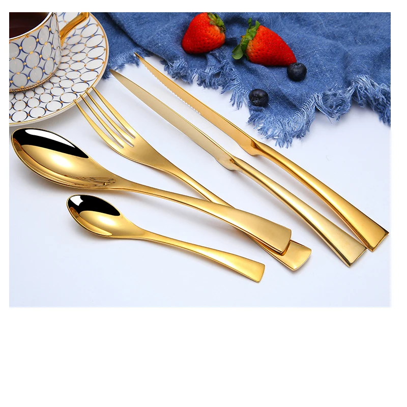 

Mirror Polished 18/10 Gold Cutlery 304 Stainless Steel Silverware Dinner Serrated Steak Knife Tea spoon and Fork Set Tableware