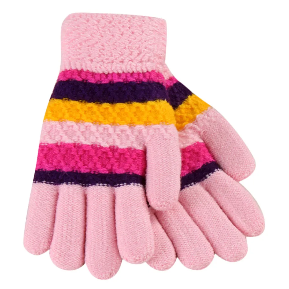 Модные детские перчатки для малышей; плотные теплые зимние вязаные варежки в полоску для девочек и мальчиков; детские перчатки; gants enfant - Цвет: Pink