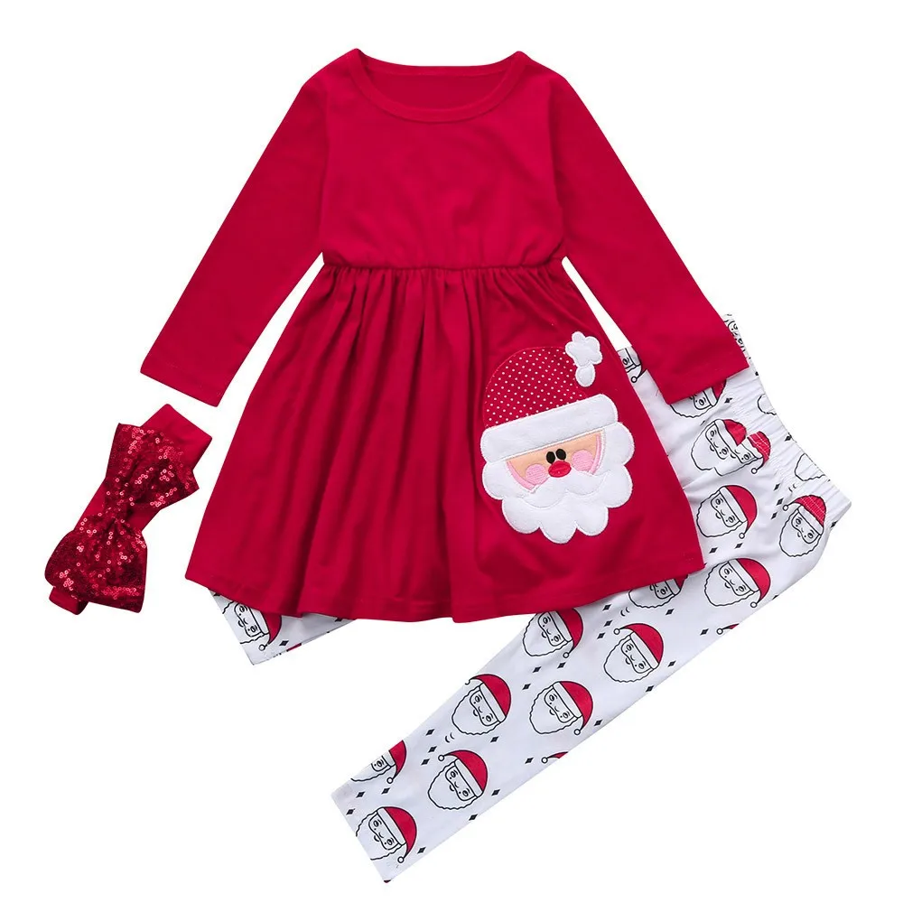  CHAMSGEND 3PCS Christmas Children Kids Girls Cartoon Cotton blend Santa Dress+Pants+Headbands Set J