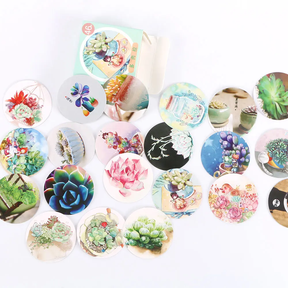 

46Pcs/box Kids Use for Diary and Album Label Stickers Cute Green Succulent Plants Adhesive Paper Decorative Sticker
