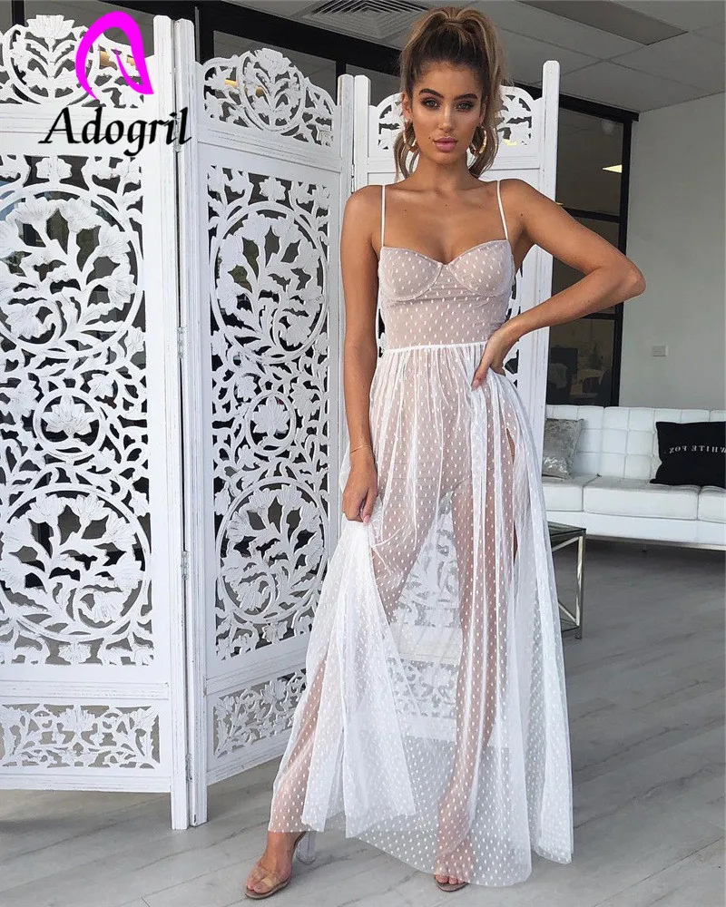 White Dress Women Spaghetti Strap Transparent Mesh Gown High Split Dress  Elegant Women Summer Sun Dresses Club Party Dress Robe - Dresses -  AliExpress