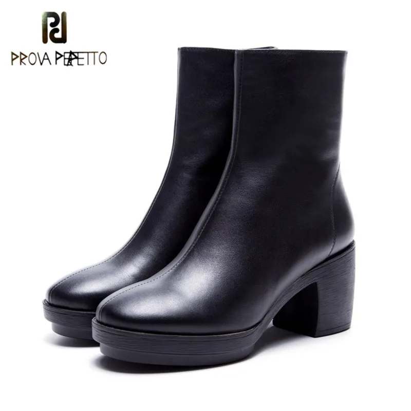 

Prova Perfetto Sexy Black High Heels Woman Short Boots Round Toe Real Leather Neutral with Zipper Thick Heels Female Boots