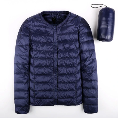 New Autumn Spring Ultra Light Down Jacket Women White Duck Down Coat Casual Collarless Warm - Цвет: Navy