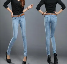 2016 Autumn Women’s Fashion Full Length Mid-Waist Light Blue Elasticity Cotton Pencil Denim Pants Women Casual Jeans