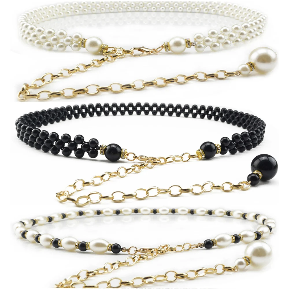 Ladies Stylish Beads Gold Chain Belt Skinny Adjustable Dress Women