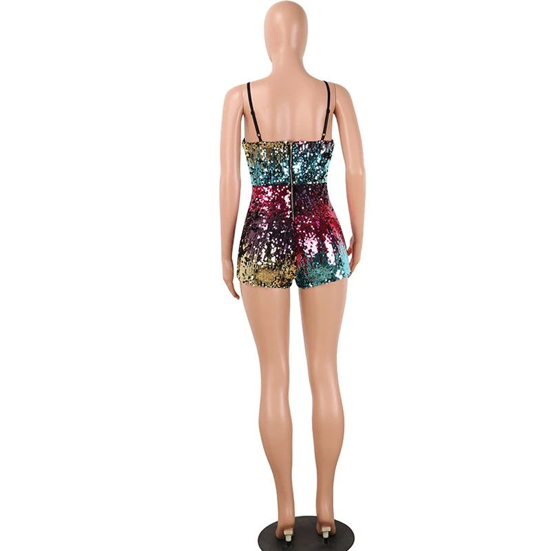 summer new sexy women's sequins jumpsuit slim sling color beads zipper leotard