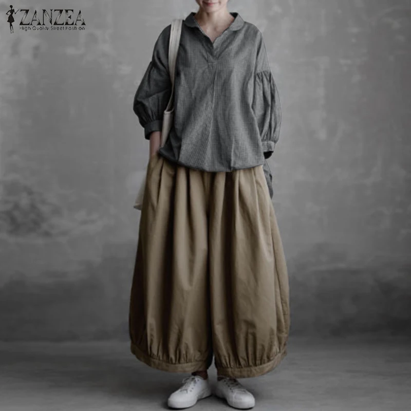 ZANZEA, женские винтажные рубашки с рукавом-фонариком, v-образный вырез, туника, топы, Повседневная Блузка, сорочка, халат, одноцветные винтажные блузы размера плюс