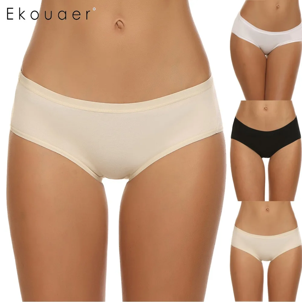 Ekouaer, женское базовое хлопковое нижнее белье, 3 шт., повседневные хипстерские трусики, набор, одноцветное, высокое качество, базовое нижнее белье, черный/белый/Абрикосовый
